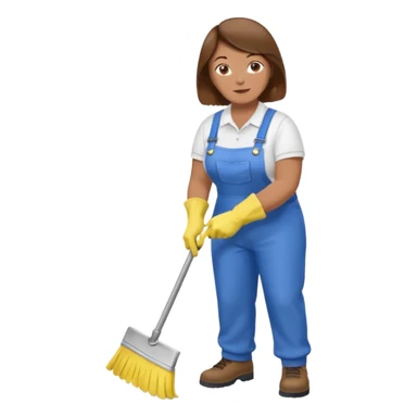 old and fat women, brown hair, Custodian with yellow rubber gloves, white T-shirt, blue overalls, mopping floor sticker