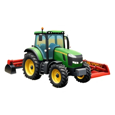 An icon representing a Farming Simulator 22, with a detailed tractor, plowing fields under a bright sky with a colorful rural landscape. The design includes farming tools, crops and barns, symbolizing the immersive experience of managing a farm. Transparent background. sticker