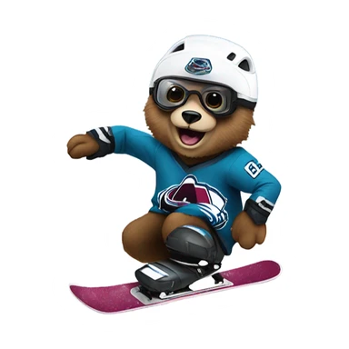 Bear on a snowboard in Colorado avalanche jersey doing hardcore tricks wearing helmet and goggles sticker