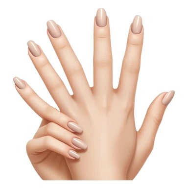 "Close-up of a delicate hand with nude nail polish, slightly curved fingers, elegant and feminine style, subtle shine on nails." sticker
