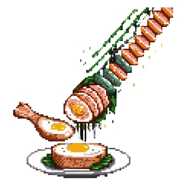 Pixel art protein explosion with chicken breast, steak, salmon, and egg shooting upward from bottom, with sparkle effects, DNA pixel animations around them, and simplified muscle figure outline in background sticker