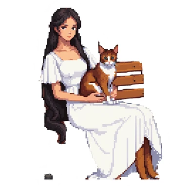 beautiful girl with long black hair in a white dress holding an Abyssinian cat with reddish-brown fur, sitting on a bench sticker