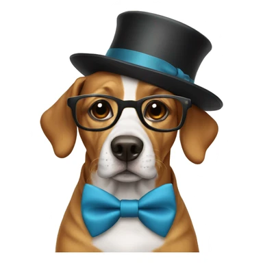 Dog wearing a bow tie and a tall hat with glasses sticker