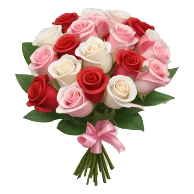 Round bouquet of red, light pink, and white roses with pink wrapping sticker
