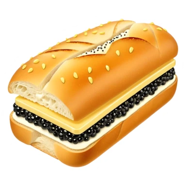 Apple style 3D emoji of a luxurious black caviar sandwich. A thick slice of fresh white baguette with a generous layer of creamy yellow butter, topped with a mountain of glistening, shiny black sturgeon caviar. premium aesthetic. sticker