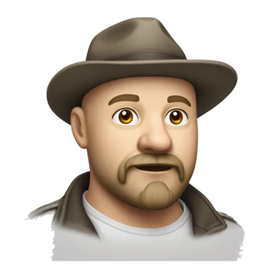 Photorealism A plump bald man of Slavic appearance with a goatee beard and mustache, wearing a fedora hat, big details sticker