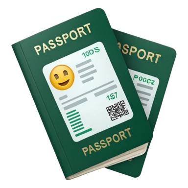 white passport with protruding airline tickets, dark green elements on passport and tickets, emoji style sticker