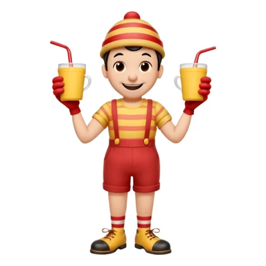 1930s rubber hose cartoon-style cup character with a big smile, black eyes, red nose, and striped straw on head. Wearing red shorts, yellow gloves, brown shoes, black shirt. Arms on hips, cheerful pose. Vintage Disney/Fleischer style, clean lines, limited colors, slight paper texture. 
 sticker