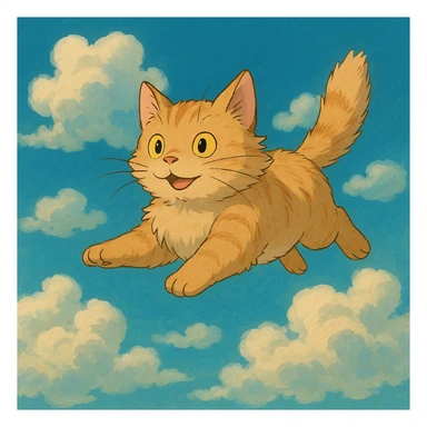 whimsical flying cat with clouds, ghibli style sticker