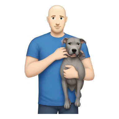 bald white man no beard with blue eyes and blue tshirt Hugging large grey pit bull sticker