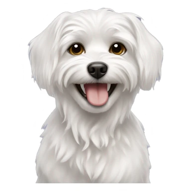 A white Maltese dog around 13 years old slightly smiling with toilet paper clenched in its teeth sticker