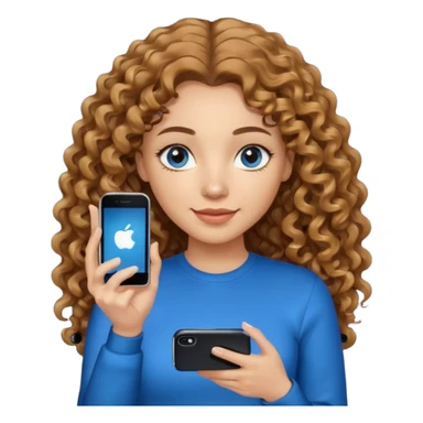 generate a pretty woman with blue eyes, light skin and medium brown long curly shiny hair holding an iphone she is looking at the phone and holding it in her hand. she is wearing an ALL black long sleeve sticker