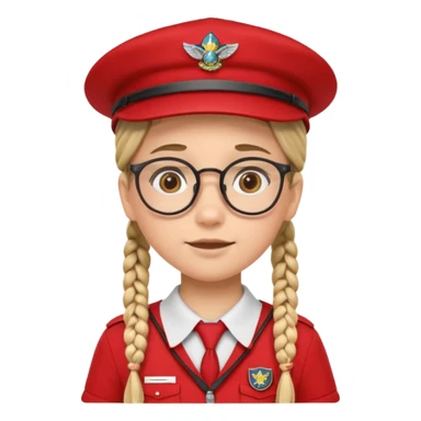 red uniform wearing scout kid with braids and glassess with hat sticker
