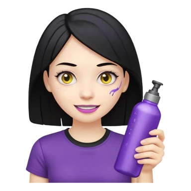 a girl with beautiful black hair, yellow teeth, black t-shirt, holding only a purple and silver spray bottle, nothing else in her hands, genmoji emoji style, reference the attached can sticker