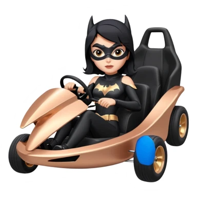 Hot full size real size-appearance electric road racing sexy BatGirl’s feminine midnight-colored tight outfit sixty’s tv show inspired dark stealthy sporty safe plush deluxe off-road pursuit cruiser car rose gold accents (black hair,reclined and relaxed torso and shoulders seating position) go kart  sticker