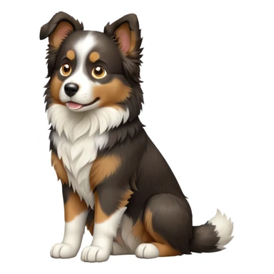 cinematic-[australian shepherd dog]-realistic-full-body-sitting-emoji,-tail-resting-loosely-beside-its-paws,-head-tilted-dramatically,-scruffy-[black white tan]-fur,-simplified-yet-realistic-focused-features,-highly-detailed,-glowing-with-an-almost-sarcastic-glow sticker