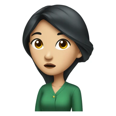 asian lady with long black hair, hoop earrings, a dark green shirt with a puzzled look on her face sticker