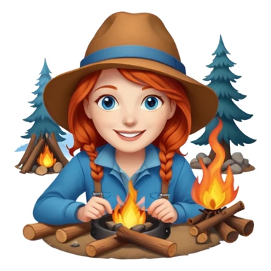 Happy Redhead woman with blue eyes beside campfire sticker