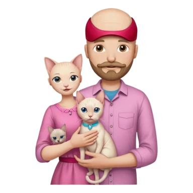 A bald white man in a shirt with a moustache and beard is holding a Siamese cat in his arms. Next to him stands a woman with light hair in a pink dress, holding a white Sphynx cat in her arms sticker
