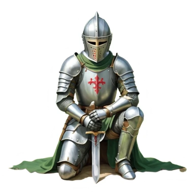 A lone medieval knight in a green worn armor kneels. His helmet is closed, hiding his face, conveying silence, exhaustion and contemplation. A long sword is planted in the ground beside him, its hilt resting near his gloved hands as if he is praying or resting after battle. sticker