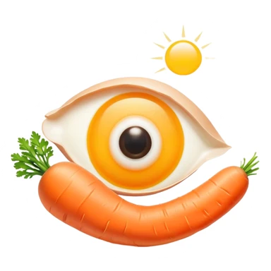 Carrot, chicken, and egg yolk surrounding a simple eye symbol and a small patch of glowing healthy skin. Gentle rays connect the foods to the eye and skin, showing vitamin A's role in vision and skin health. sticker