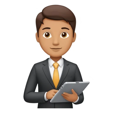 A flat-style illustration of a business executive confidently, holding a digital tablet or folder. The character wears smart business attire sticker