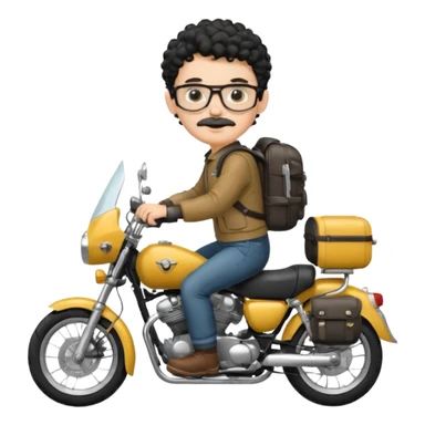 A young boy DEVELOPER WITH A backpack, black curly short hair, wearing glasses, a thin mustache, his skin is white, riding a motorcycle sticker