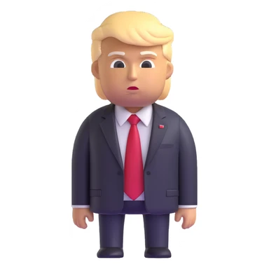 Donald Trump, 3D emoji-style avatar, forward-facing, dark business suit, red tie, realistic but cartoonish, glossy, black background sticker