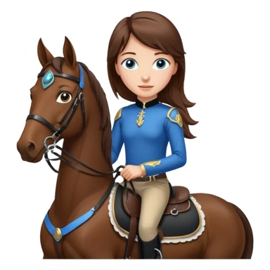 A brown hair, blue eyes girl riding a bay horse with black saddle and bridle sticker