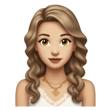 fair-skinned girl with dark brown, almond-shaped eyes and long lashes. long, light brown hair styled in a voluminous, wavy blowout. wearing a delicate white lace tank top and a dainty gold necklace, creating an elegant and feminine look. sticker