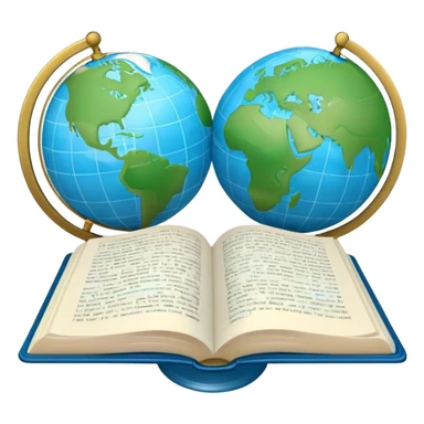 Create an emoji representing language translation. The design should feature a single globe in the background, symbolizing international communication. In front of the globe, place two opened books, with texts in it and a pen nearby to indicate the act of writing and vocabulary. Use a clean and professional color palette with blues, greens, and neutral tones. Do not include any emojis or smiley faces. Make the background transparent sticker