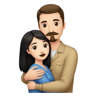 Tall white man with brown mustache goatee AND a short pale woman with long black hair, hugging sticker