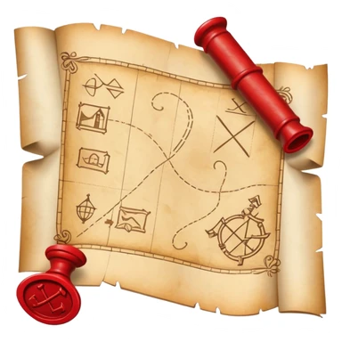 A rolled up treasure map with red wax seal, partially unfolded showing an X sticker