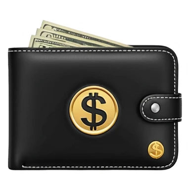 Rich emoji style black leather wallet with dollar bills, luxury money vibe, premium 3D emoji, ultra clean, high detail, no background sticker