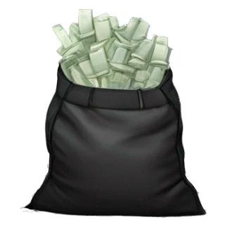 A large hockey bag filled with 1 million euros in cash, bundles of banknotes neatly stacked inside. The bag is placed in the middle of a modern, dimly lit flat with minimalist furniture, sleek surfaces, and large windows overlooking the city sticker