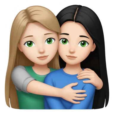 una ragazza dall‘ età di 19 anni con capelli castani chiaro lunghi e lisci ,  occhi CELESTI ,  e una ragazza di 17 anni capelli neri occhi verdi che si abbracciano   sticker