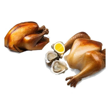 Turkey next to blackened toast and oysters and a a slice of toast sticker