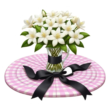 A lush bouquet of white color Jasmin black satin ribbon, resting on an antique wooden table, with a pale yellow and pink plaid pattern table cloth sticker