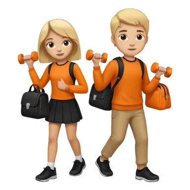 light skin students girl and boy with school bag full of books on hand and dumbell in other hand. Clothes are in black and orange colours. They are going to the gym. They have brown and blonde hair. Dumbell is visible in hand sticker