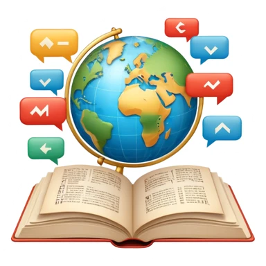 An icon featuring an open book with speech bubbles showing different alphabets—Latin, Cyrillic, Kanji. A globe and translation arrows symbolize global communication and language learning. Transparent background highlights cultural exchange and linguistic diversity. sticker