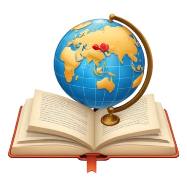 An icon featuring an open book, a speech bubble, and a pen, symbolizing philology and linguistics. The design includes a globe with language characters and grammar symbols, representing the study of languages and literature. Transparent background highlights language analysis. sticker