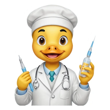 Duck doctor holding syringe and cheerful grin.

 sticker