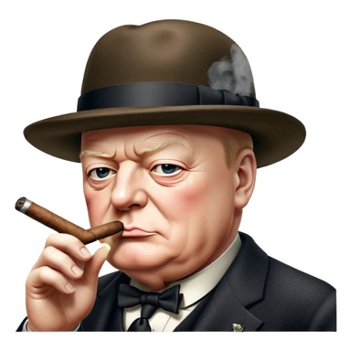 Cinematic Realistic Winston Churchill Portrait Emoji, depicted as a resolute British statesman with a signature bowler hat and a cigar, exuding determined leadership and wartime valor, rendered with lifelike textures and dramatic vintage lighting that captures his iconic British spirit. sticker