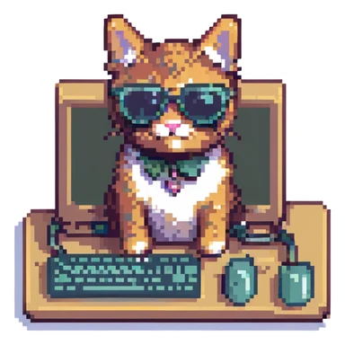cat with sunglasses using a computer, pixel art style sticker