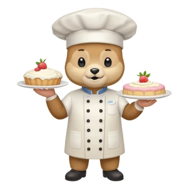 quiero un oso de pie con un delantal de pasteleria y un jorrito de chef que una mano tenga una manga oastlera sticker