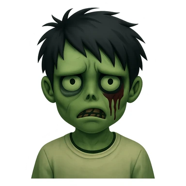 Add green skin to the zombie boy with black medium-length messy emo hair, dark and spooky expression, wearing a white shirt, no background, in emoji style. sticker