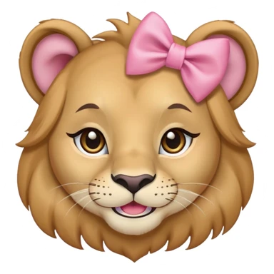 A lioness with feminine features, wearing a pink bow, long eyelashes, and a cute smile sticker