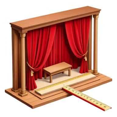 Miniature wooden stage set with a curtain, ruler, measuring tape, and small interior structure pieces floating around it in an organized, creative layout sticker