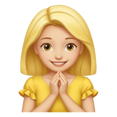 yellow smiling face girl with both hands under chin fingers touching sticker