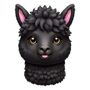 Cinematic Cute Black Alpaca Portrait Emoji, Head tilted playfully and inquisitively, featuring a plush, shiny jet-black fleece with a lustrous sheen, round, sparkling dark eyes filled with curiosity, Simplified yet irresistibly adorable features, highly detailed, glowing with a warm, friendly glow, high shine, affectionate and gentle, stylized with a touch of whimsy, bright and endearing, soft glowing outline, capturing the essence of a mischievous yet loving alpaca, so playful it feels like it could prance out of the screen and into your arms! sticker